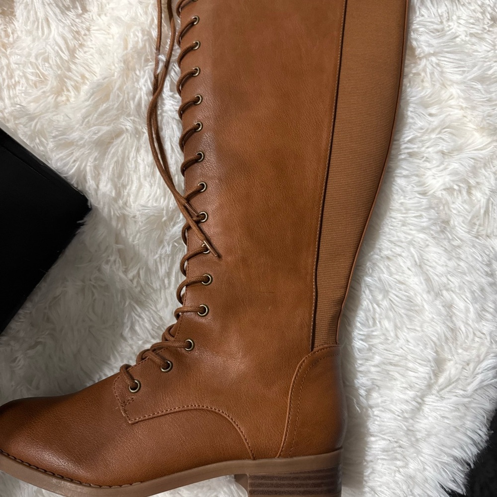 Torrid- COGNAC LACE UP CHAN HEEL KNEE